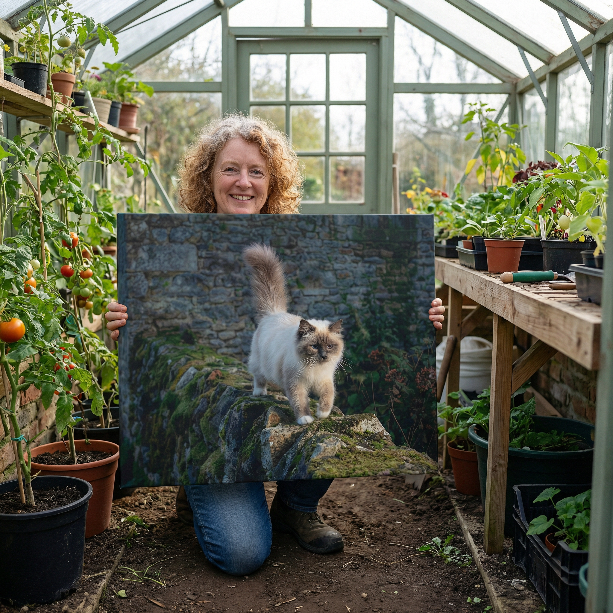 Linda K. with her pet portrait in greenhouse